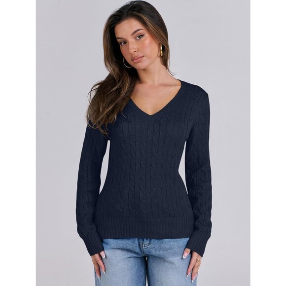 Women Navy Blue Pull On Cable Knit Long Sleeve V Neck Fitted Casual Work Sweater - Picture 3 of 6